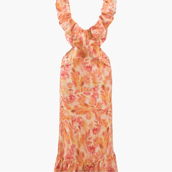 Commense Floral Print V-Neck Ruffle Tie Back Maxi Dress Orange Pink X-Small - Picture 1 of 1
